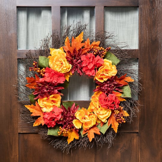 24" Autumn Harvest Peony, Mum & Feather Thanksgiving Wreath, Unlit